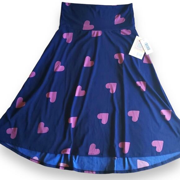 NWOT LULAROE women's navy blue / pink heart print Azure midi skirt SZ XL - Picture 1 of 7